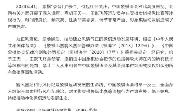 半岛体育官网-王天一、王跃飞两位象棋特级大师终身禁赛